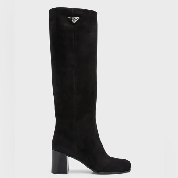 Prada Tronchetti 55MM Knee High Block Heel Black Suede Tall Boot - Picture 1 of 14